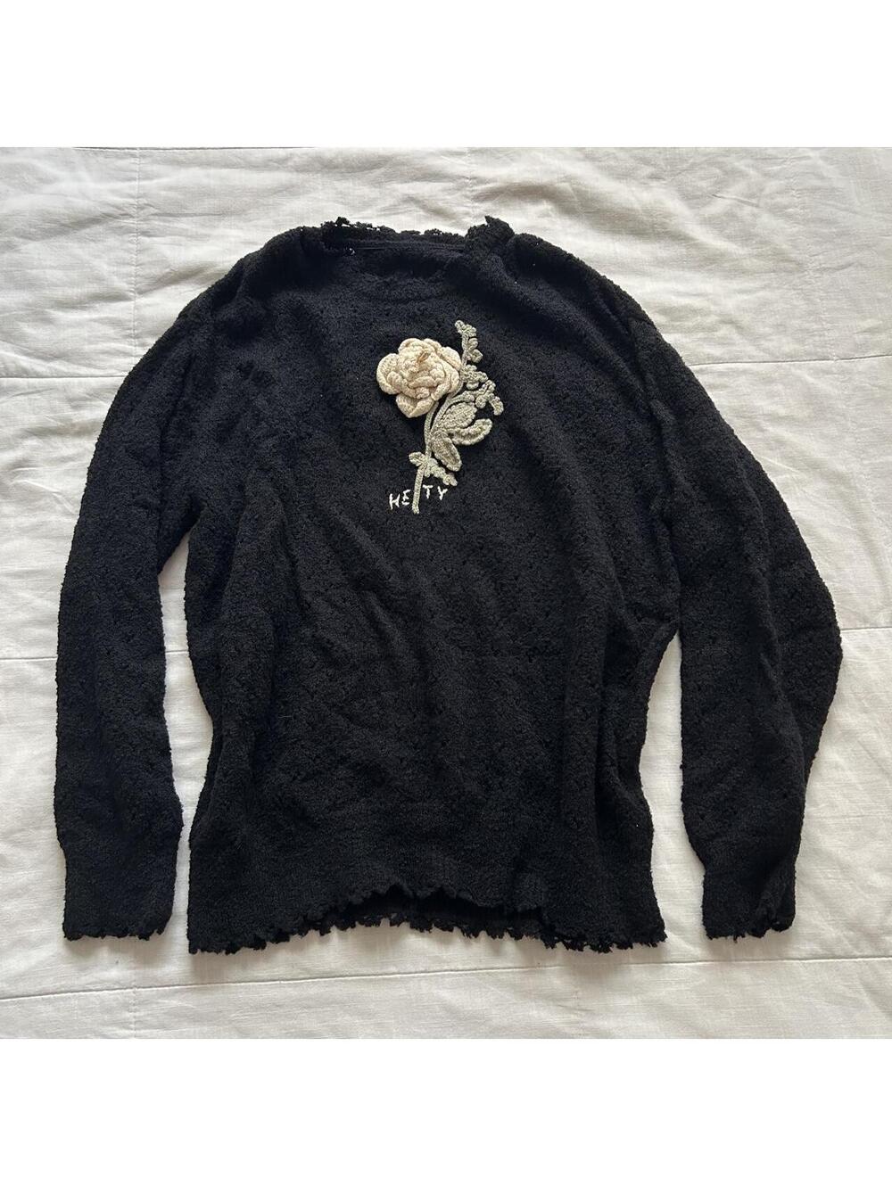 Hetty Black Knit Sweater Crochet Rose Floral Gothic Mori Kei From Japan